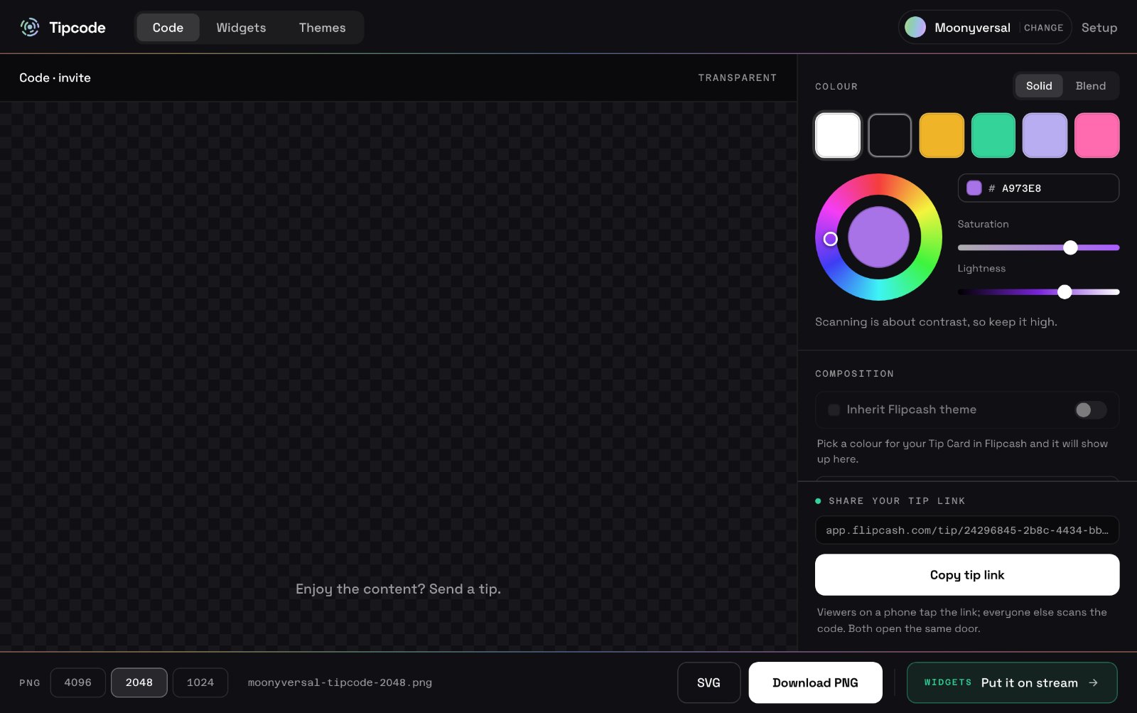 The Tipcode studio: a scannable code on a transparent canvas, with colour, composition and export controls